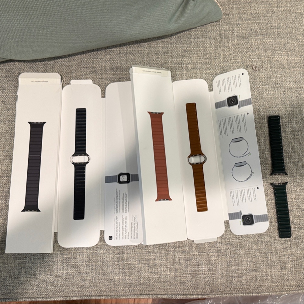 Apple Leather Link Band Trio - midnight (navy), saddle brown and forest